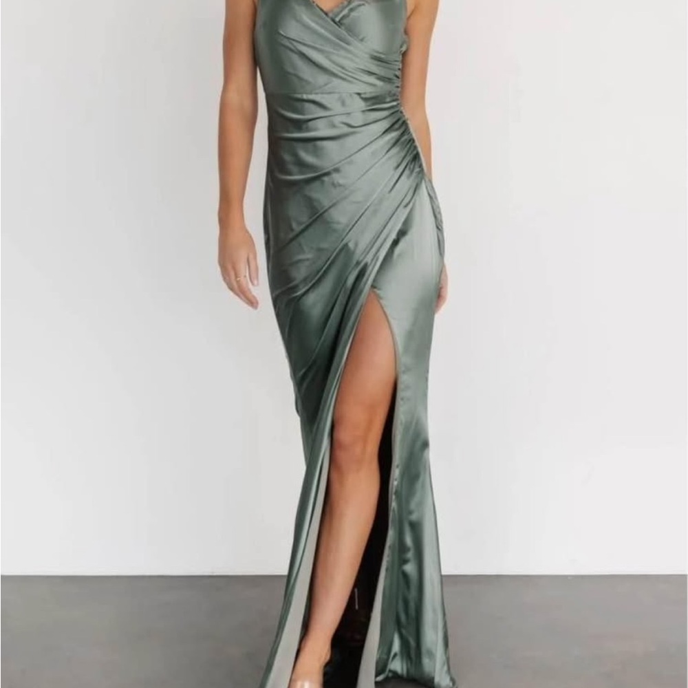 Sage Spaghetti Strap Slit Bridesmaid or Prom Dress